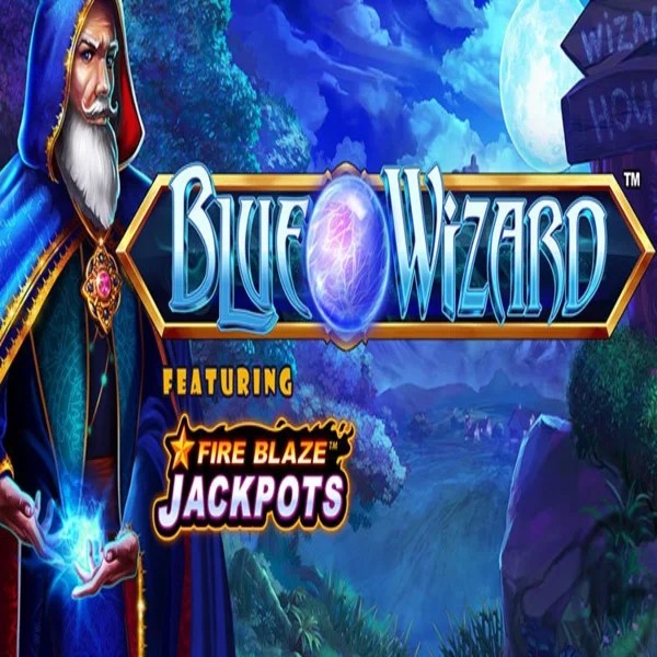 Blue Wizard Fire Blaze Jackpots slot logo by Rarestone Gaming at Lolospin Casino